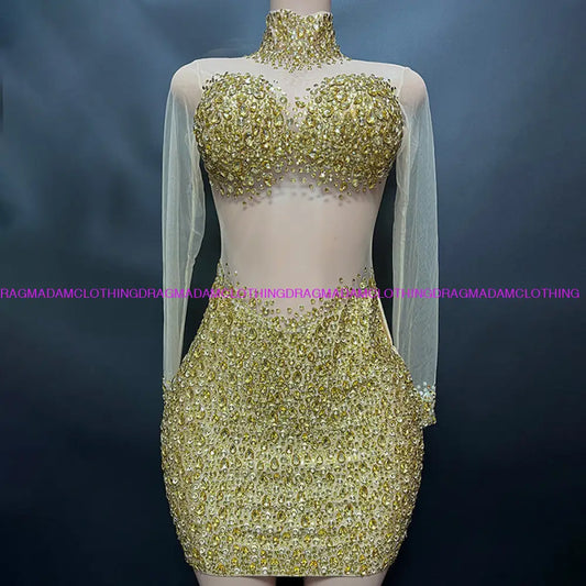 Bailiee Cora Rhinestone Dress(Gold) S Mini Dress