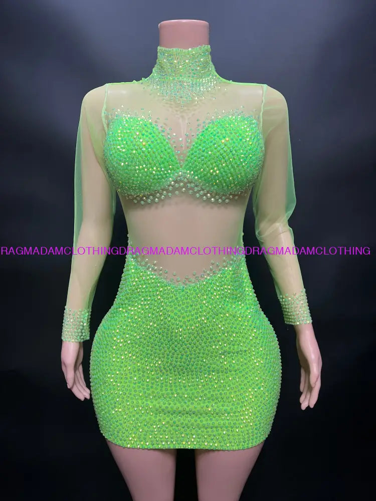 Bailiee Cora Rhinestone Dress(Green) S Mini Dress