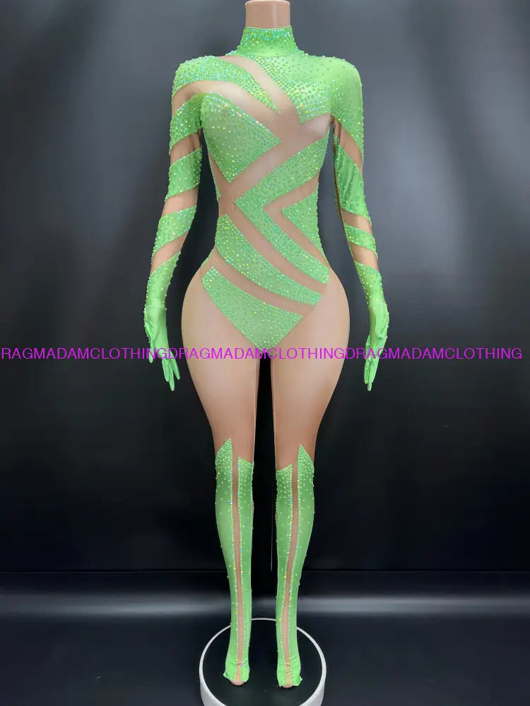 Diamond Ecstasy Bodysuit(Green) One Size(S-L) Jumpsuits/Bodysuits