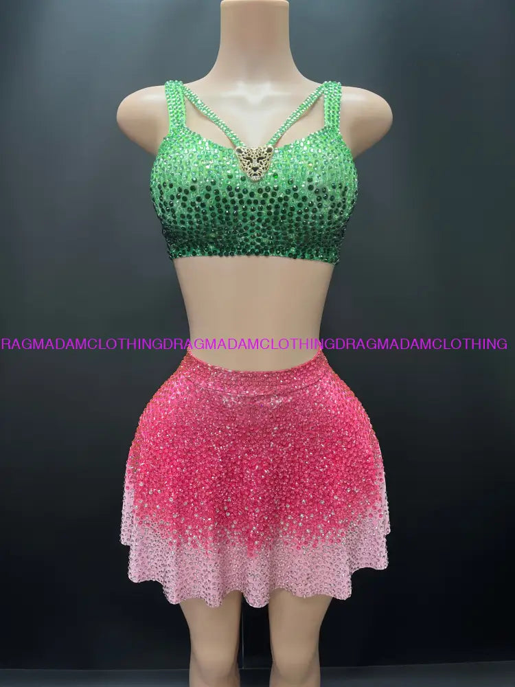 Enchanted (Green & Pink) Custom Sizes/Plus Sizes Skirt Set